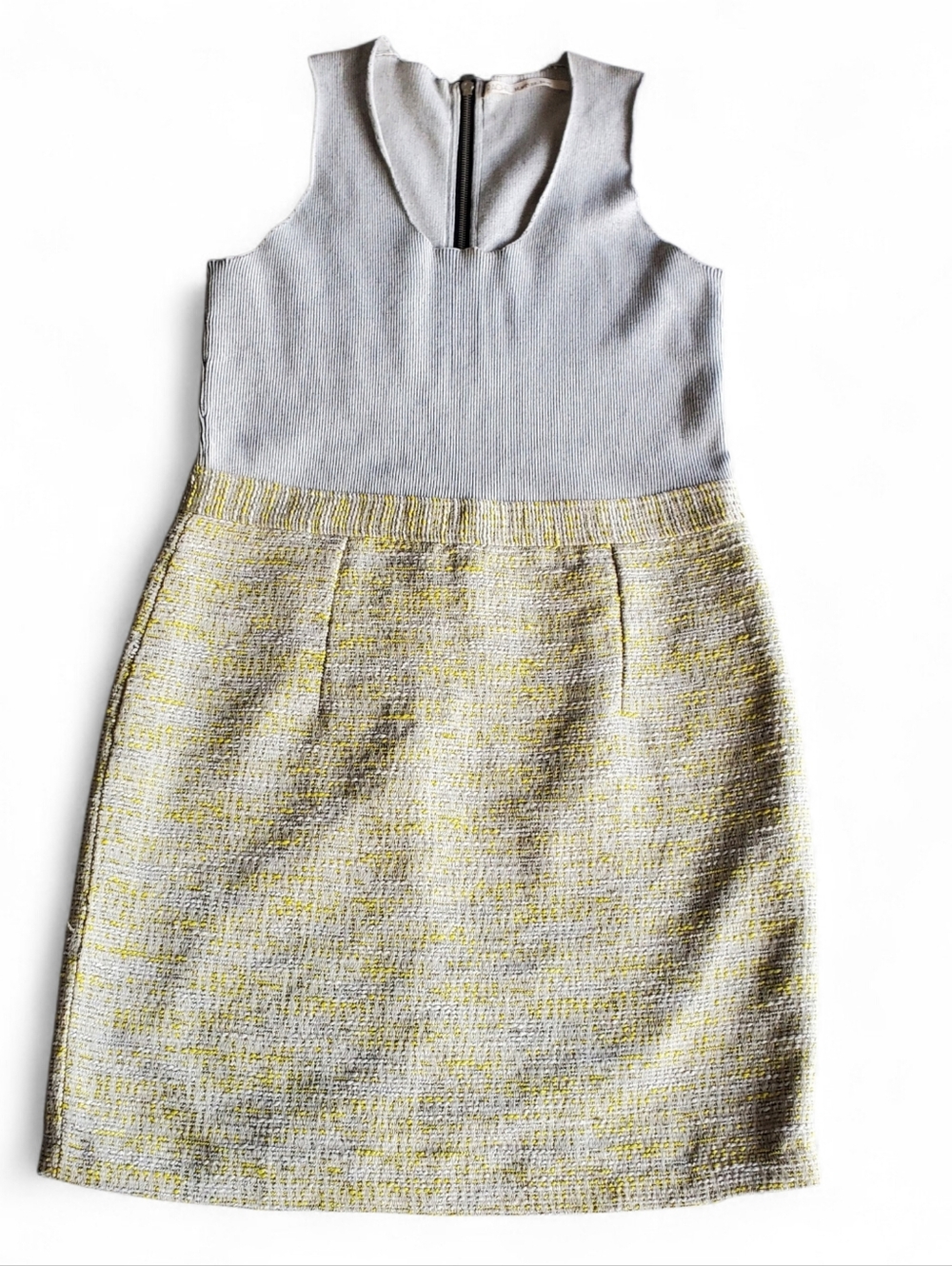 Sleeveless Two-Tone Sheath Dress in Light Gray and Pale Yellow
